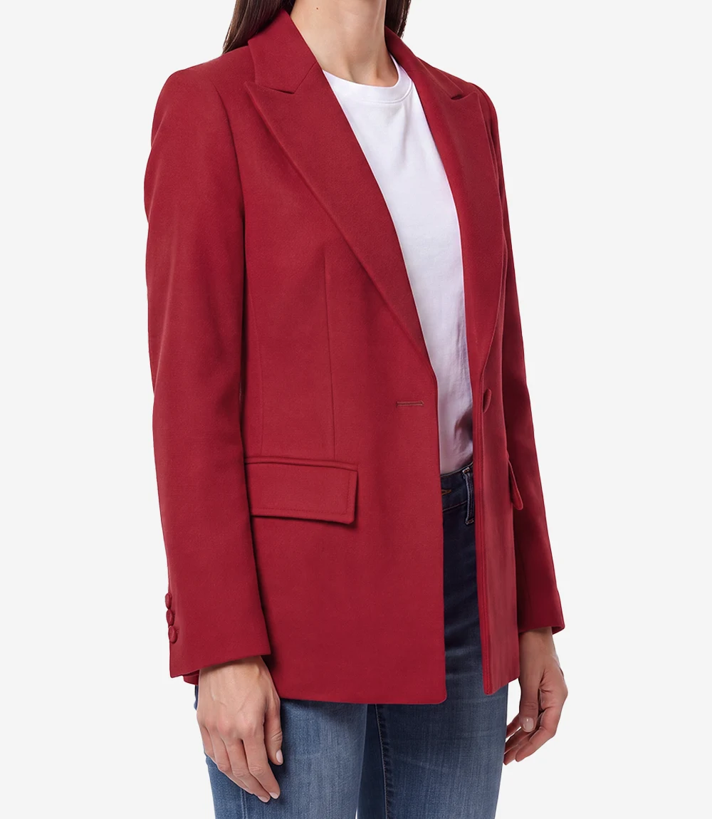 Womens Red Blazer Lifestyle Worn Model wearing Women's Red Single-Breasted Blazer in urban setting