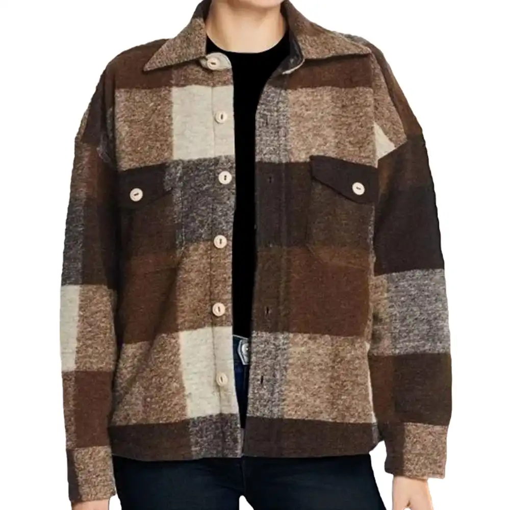 : Emma Roberts Holidate Plaid Jacket Front View