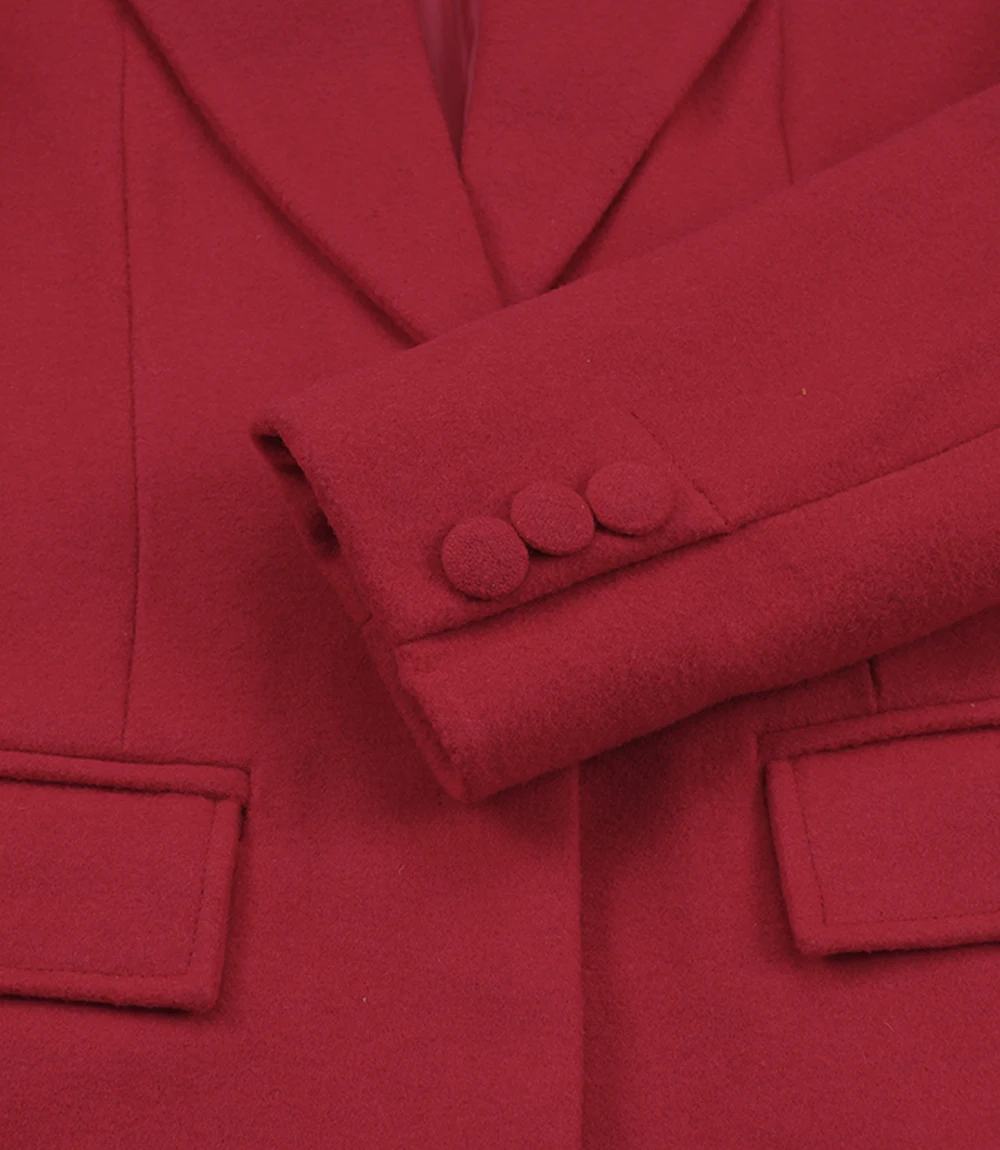 Womens Red Blazer Detail Close-up of Red Blazer Lapel Collar and Button Detail