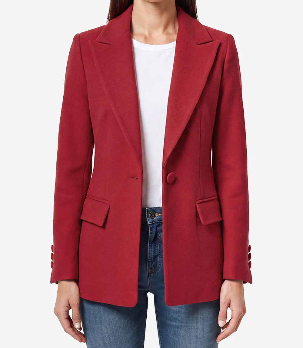 Womens Red Single Breasted Blazer Front Women's Red Single-Breasted Tailored Blazer Front View
