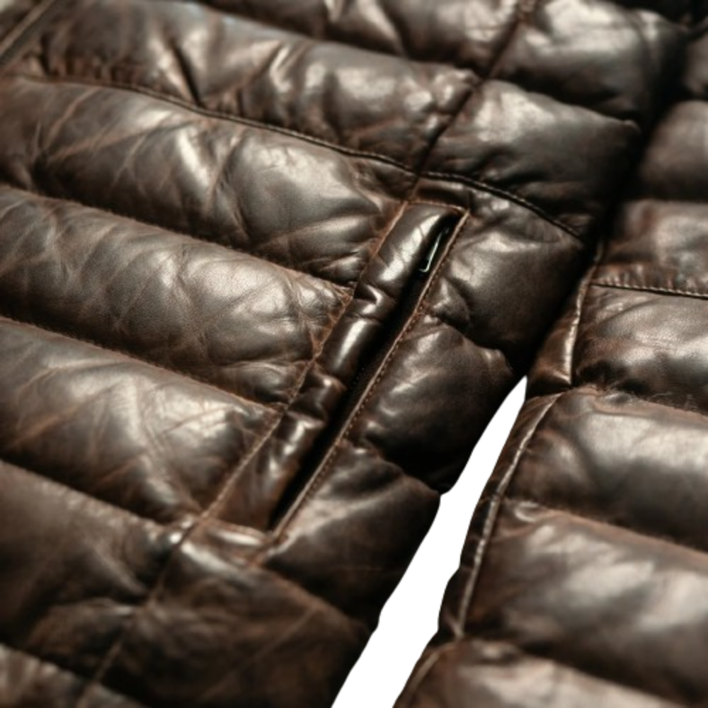 Mens Executive Leather Puffer Jacket Back Close-up of Genuine Leather Texture, Quilted Pattern, and Zipper Detail