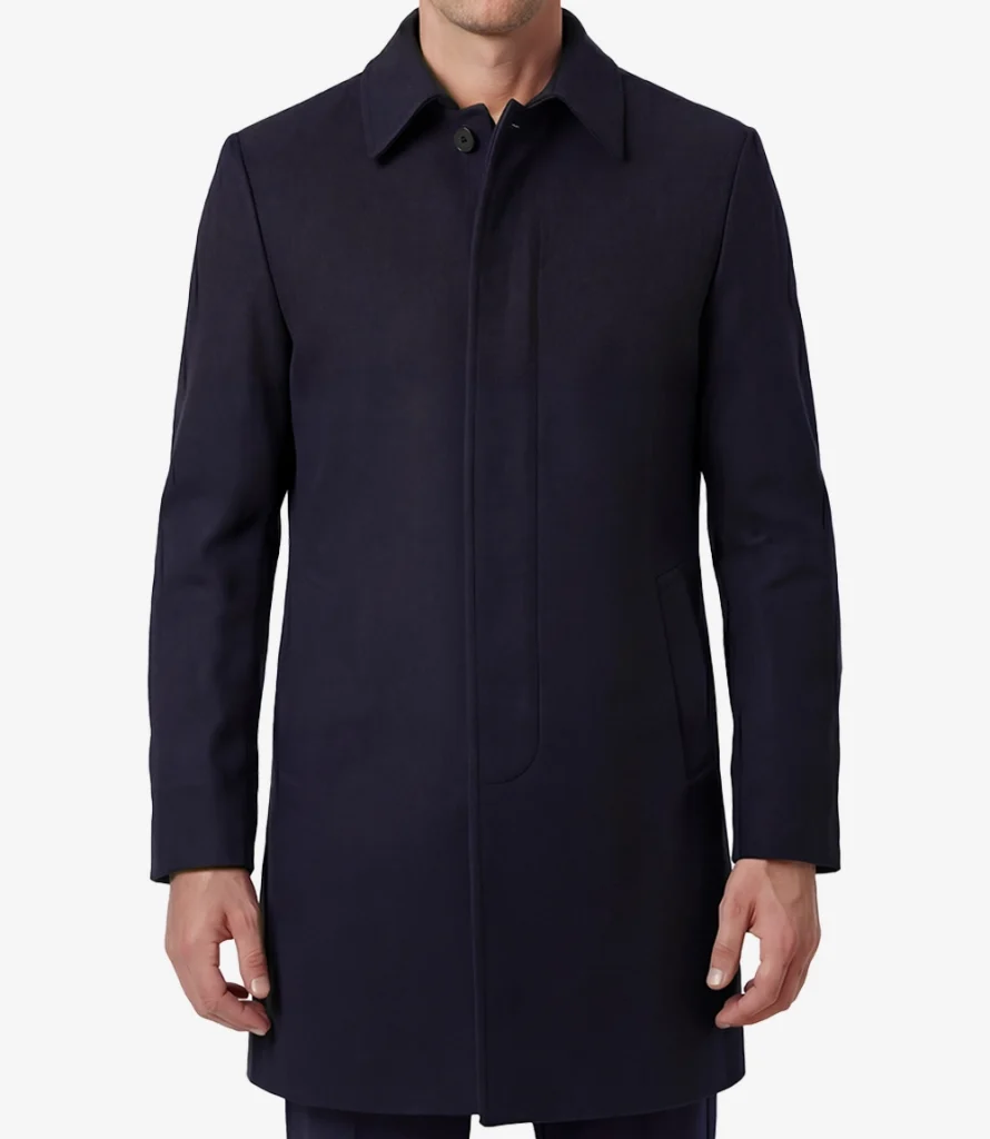 Men's Single-Breasted Navy Blue Wool Coat Front View