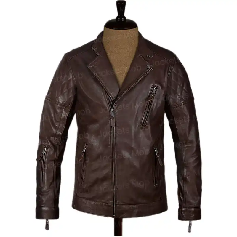Men's Moto Biker Brown Leather Jacket Front View
