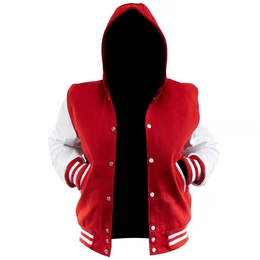 Men's Red and White Letterman Hooded Jacket Front View