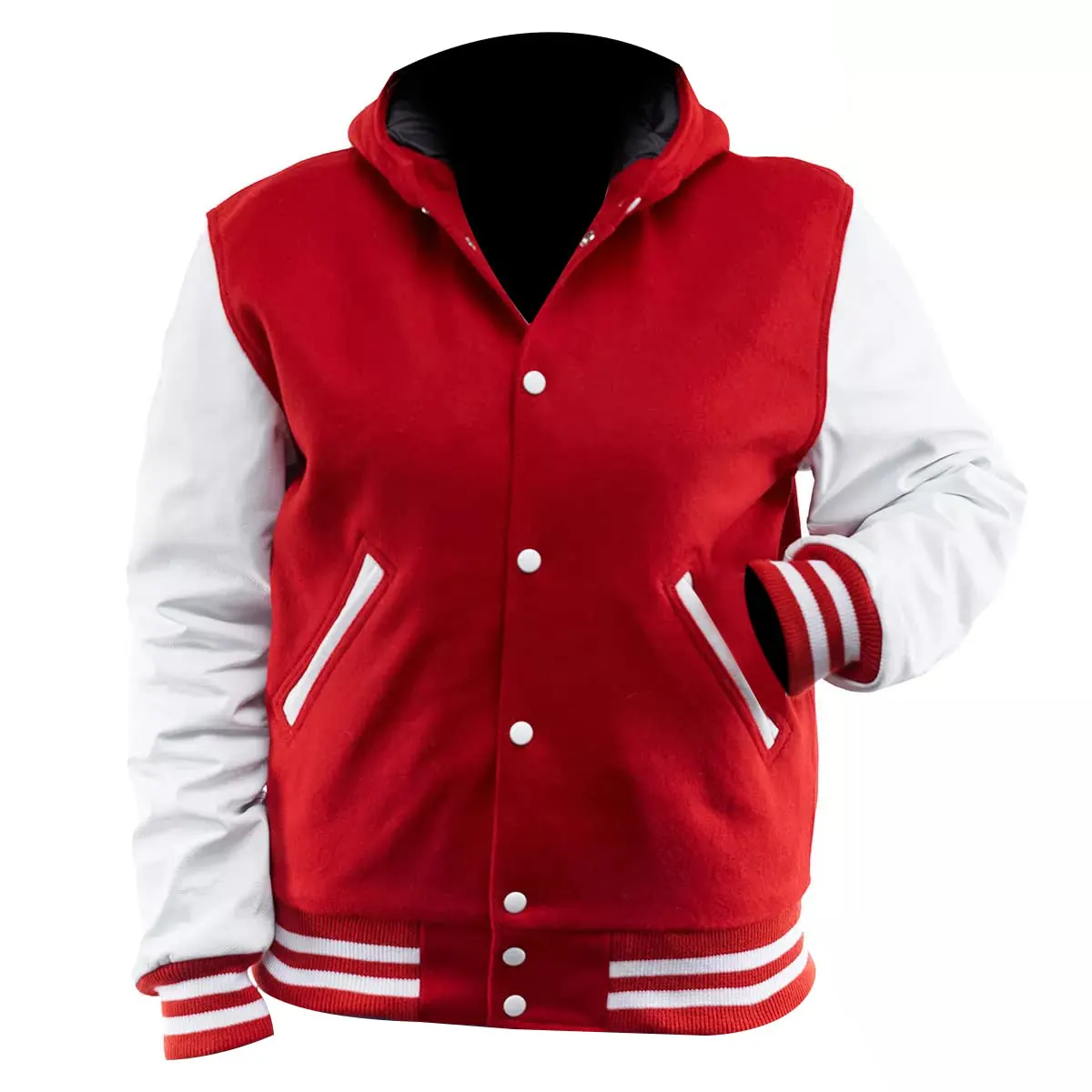 Mens Red and White Letterman Hooded Jacket Detail Close-up of Red Wool Body, Ribbed Cuffs, and Attached Hood Detail