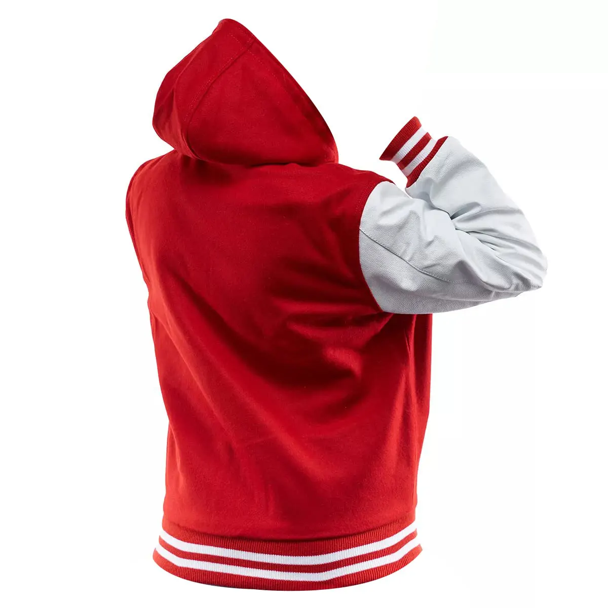 Mens Red and White Letterman Hooded Jacket Back Men's Red and White Varsity Hooded Jacket Back View