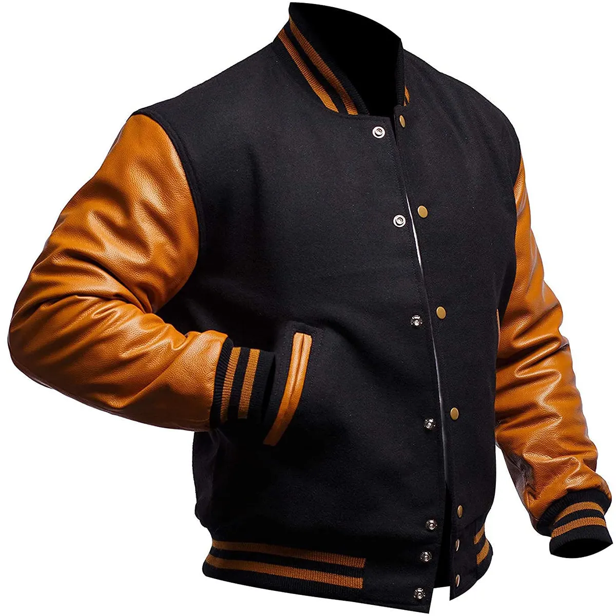 Mens Varsity Leather Jacket Detail Close-up of Wool Texture, Leather Sleeves, and Ribbed Collar Detail