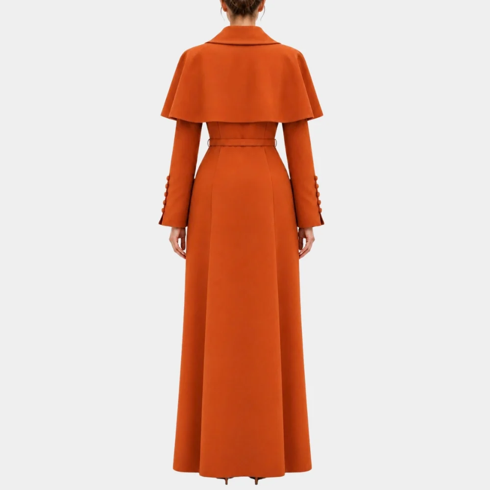 Orange Capelet Coat Back Women's Rust Orange Wool Blend Capelet Coat Back View with Cape Overlay