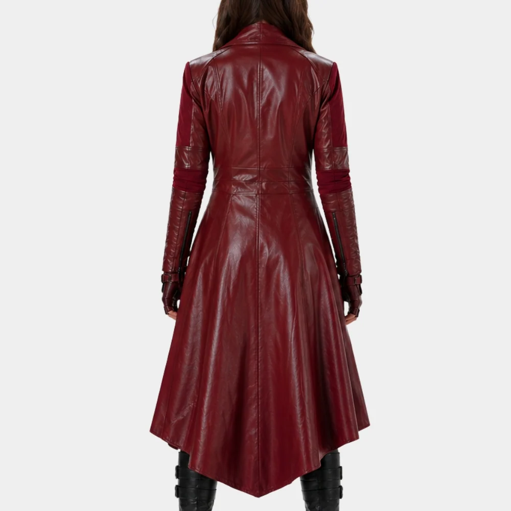Women's Wanda Maximoff Maroon Leather Coat Back Women's Wanda Maximoff Maroon Leather Trench Coat Back View