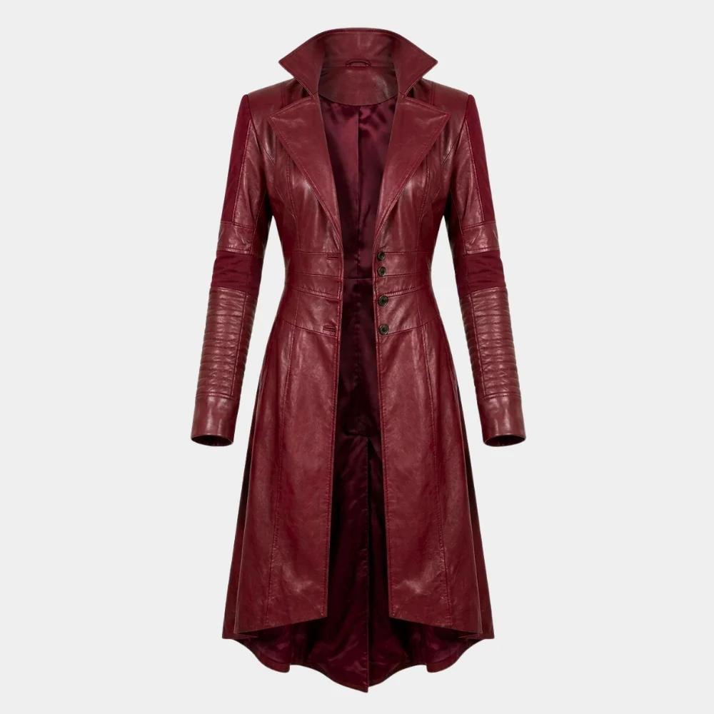 Women's Wanda Maximoff Maroon Leather Coat Detail Close-up of Maroon Genuine Leather Texture, Lapel Collar, and Asymmetric Zipper