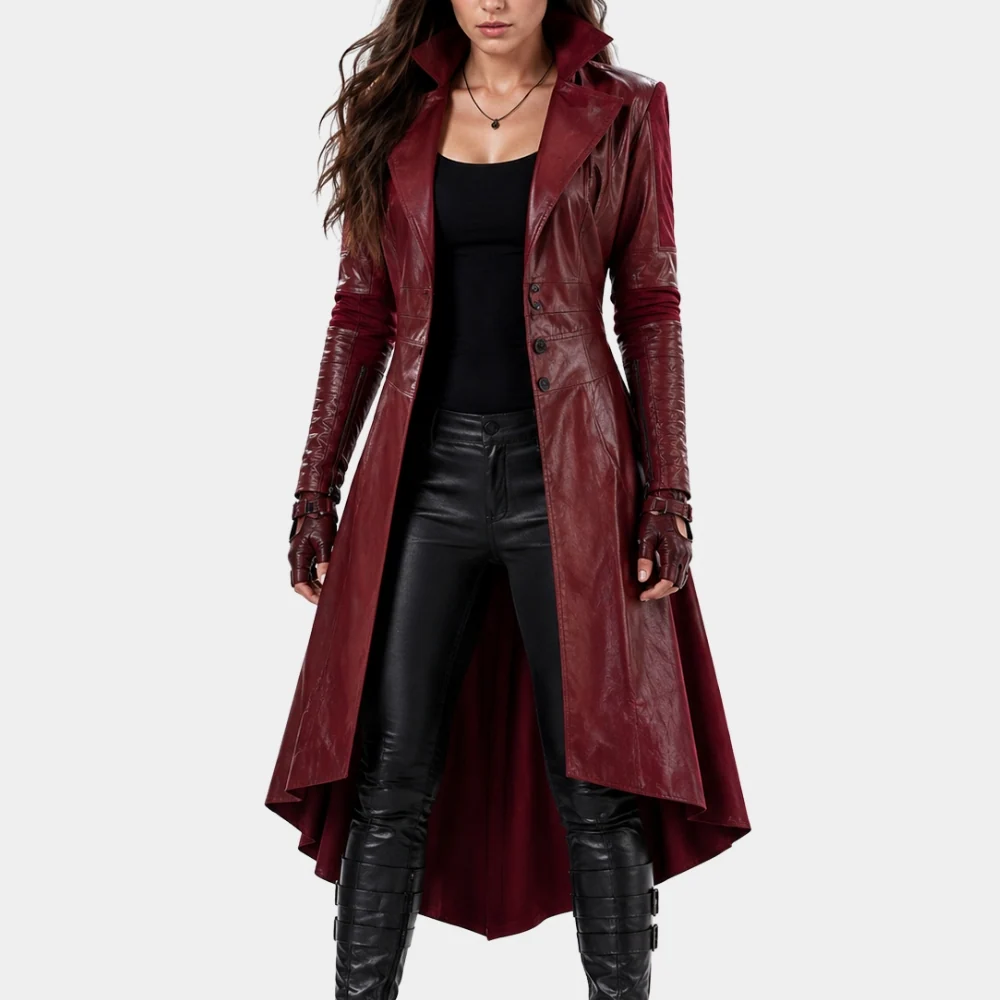 Women's Wanda Maximoff Maroon Leather Trench Coat Front View