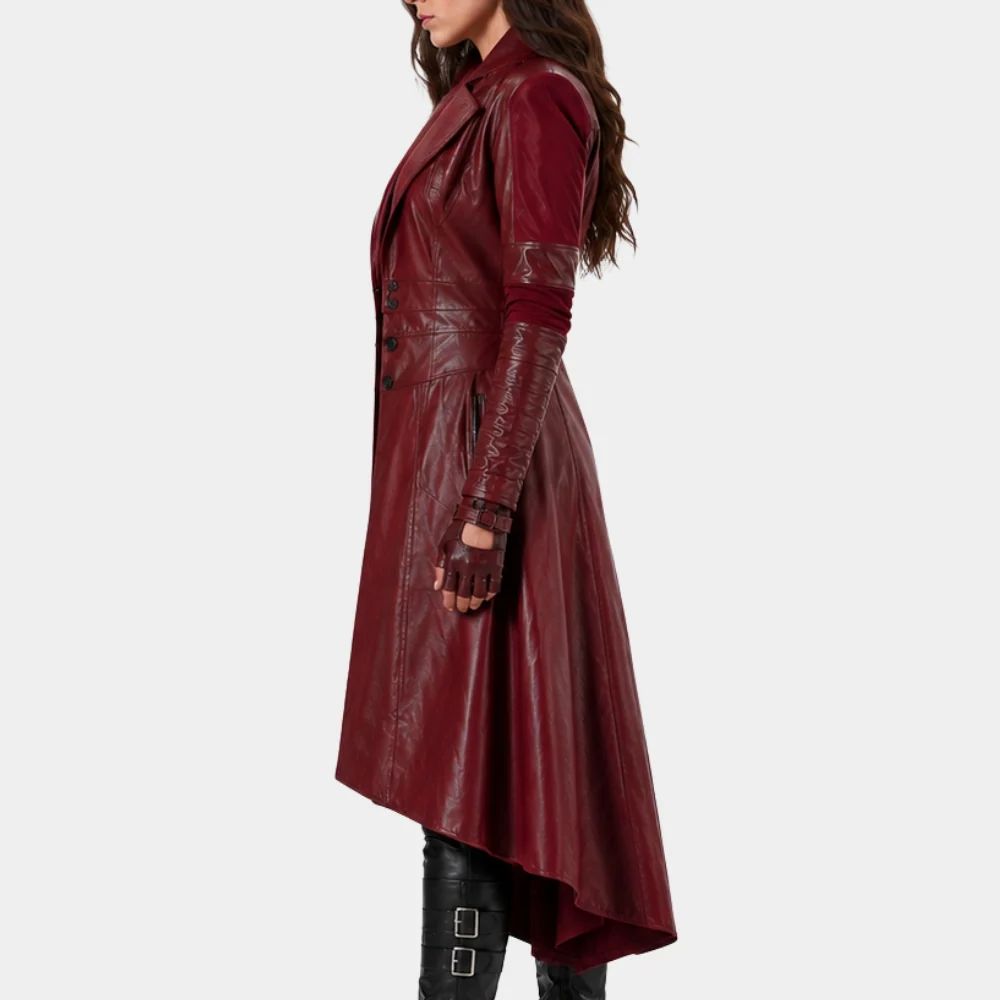 Women's Wanda Maximoff Maroon Leather Coat Worn Model wearing Women's Wanda Maximoff Maroon Leather Trench Coat outdoors