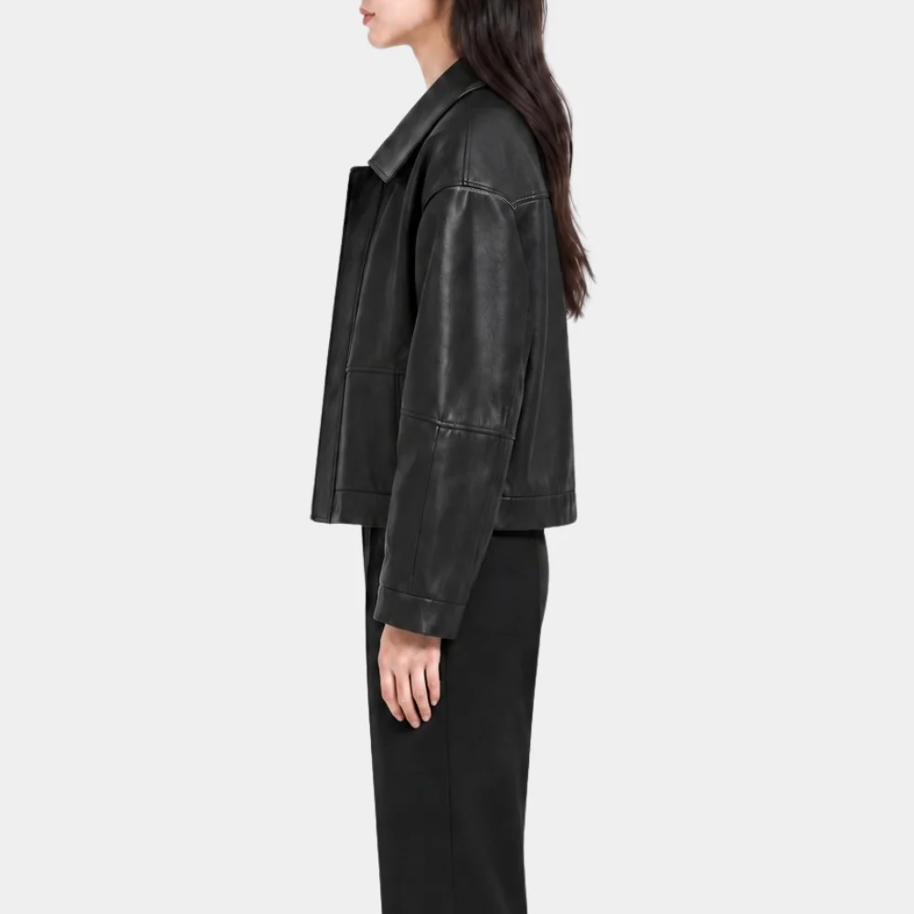 Black Leather Jacket Lifestyle Worn Model wearing Women's Black Leather Jacket outdoors in the city