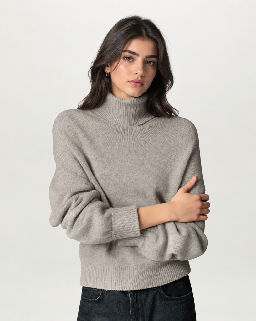 Women's Luxury Wool-Cashmere Roll-Neck Jumper Front View in Otter Color