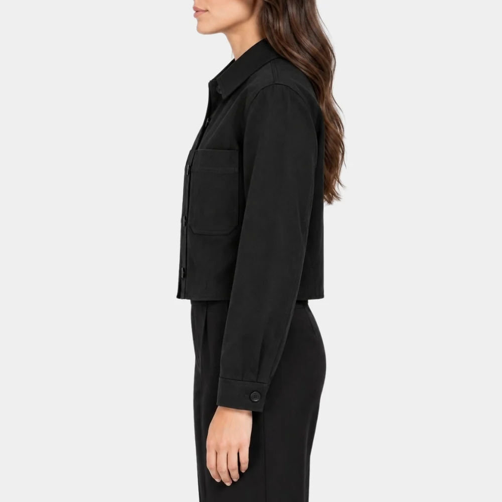 Coven Academy Black Jacket Detail Close-up of Black Cotton Fabric Texture, Zipper, and Collar Detail