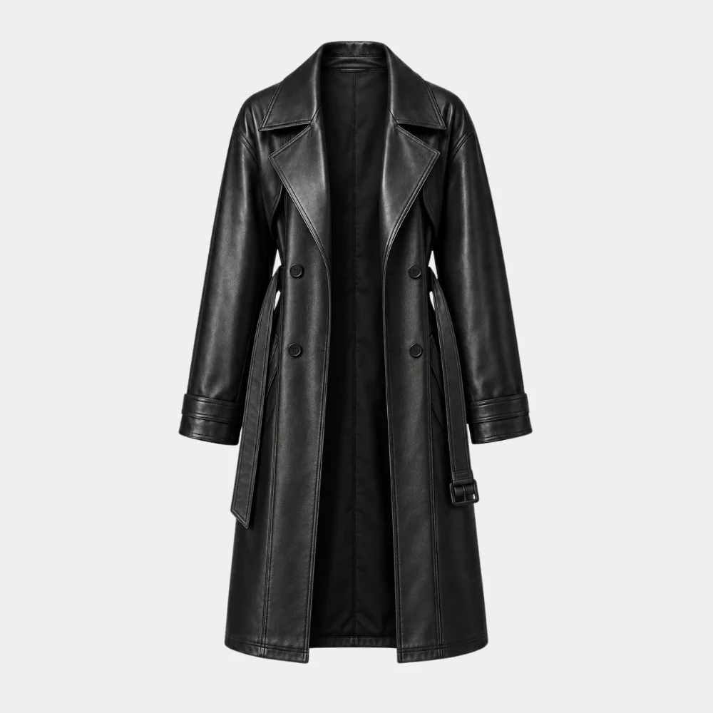 Women's Doctor X Kim Ji-Won Black Leather Trench Coat Front View