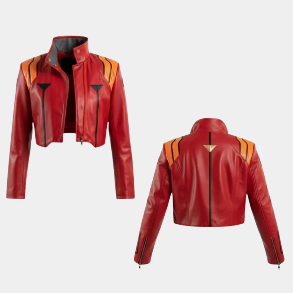 Misato Red Leather Jacket Detail Close-up of Genuine Red Leather Texture, Collar, and Front Zipper