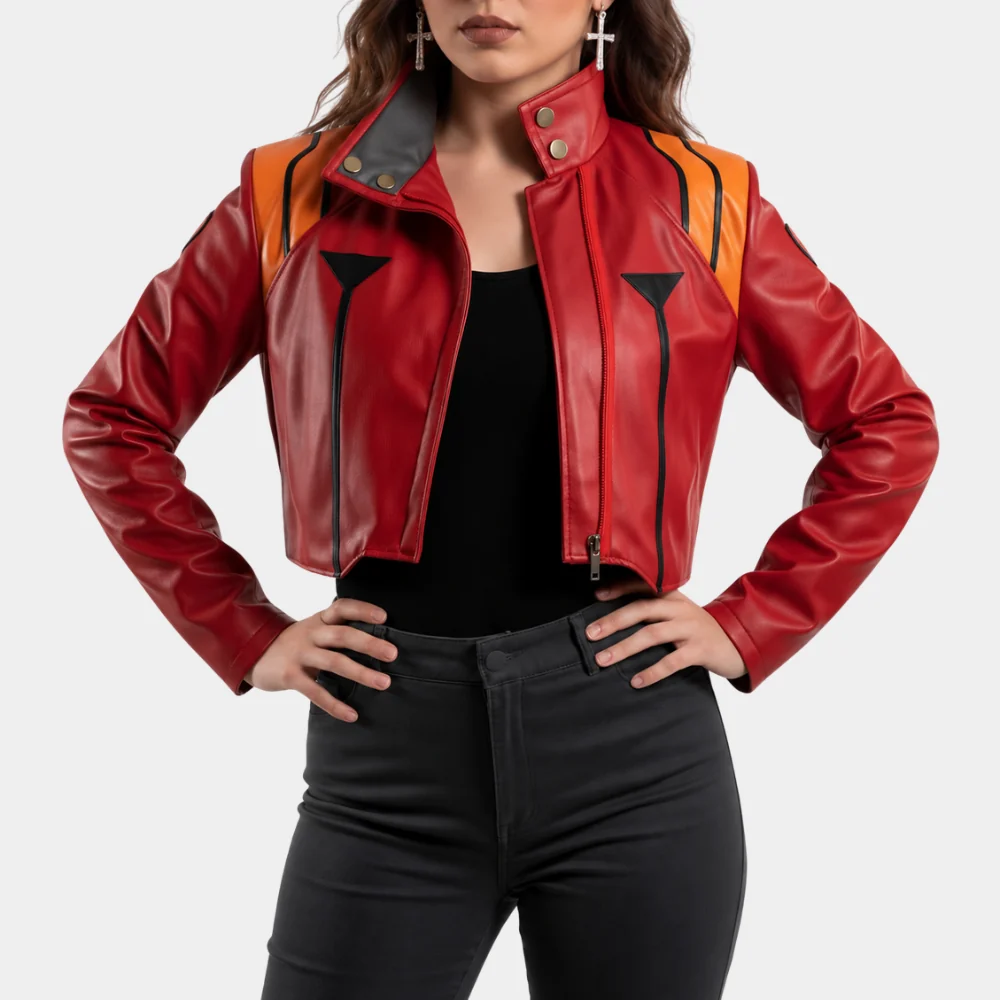 Women's Anime Iconic Misato Red Leather Jacket Front View