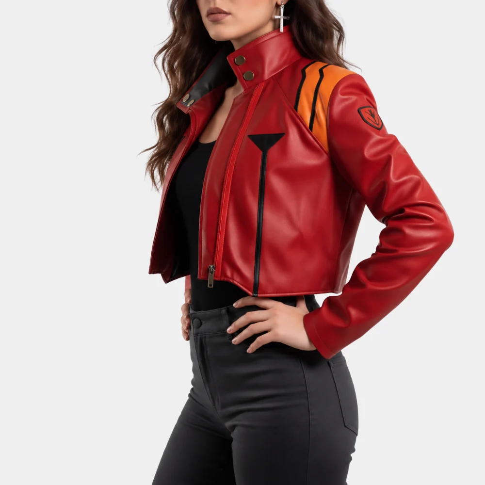 Misato Red Leather Jacket Lifestyle Worn Model wearing Women's Red Leather Jacket outdoors in city setting