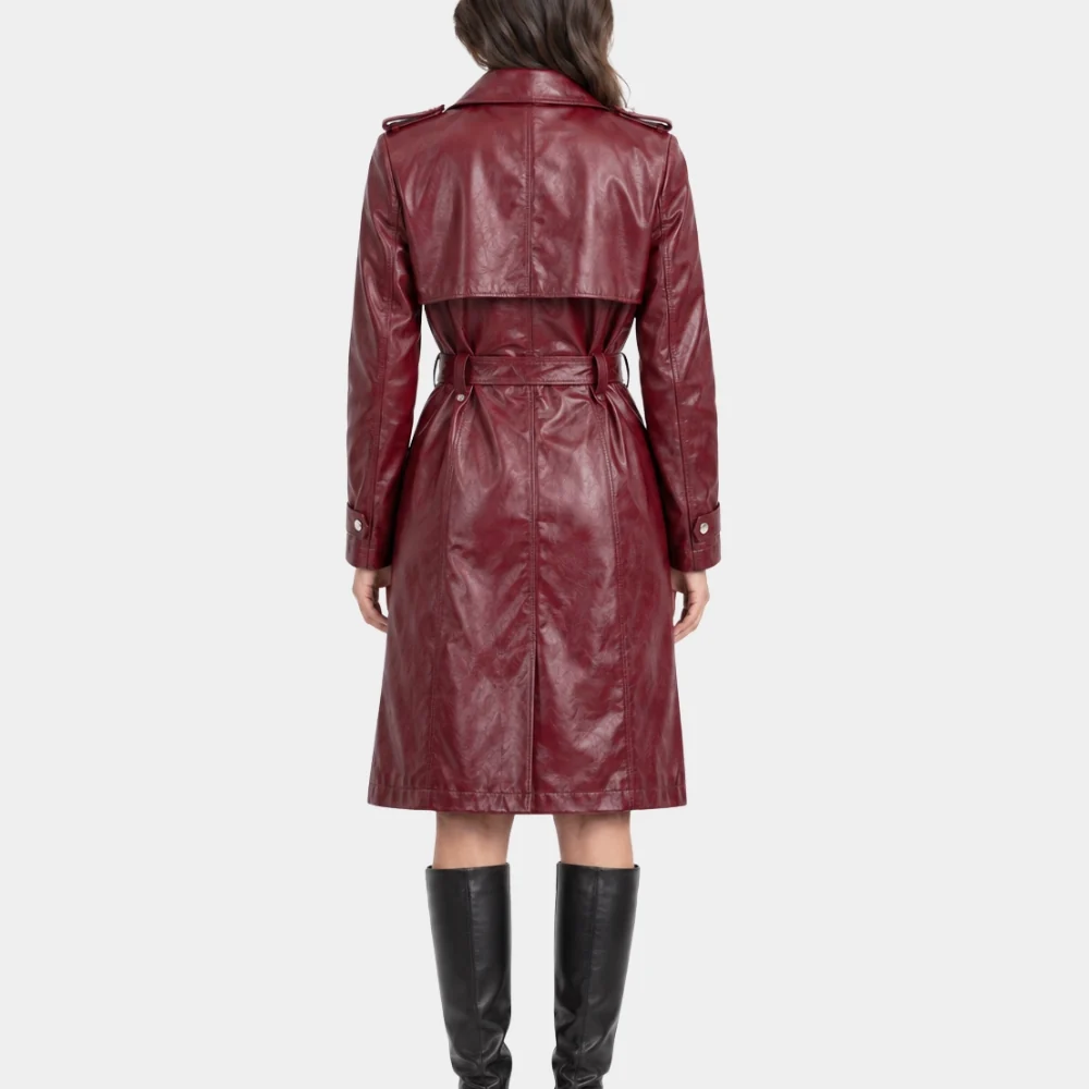Money Trap Maroon Leather Trench Back Women's Long Maroon Leather Coat Back View with Belt Detail