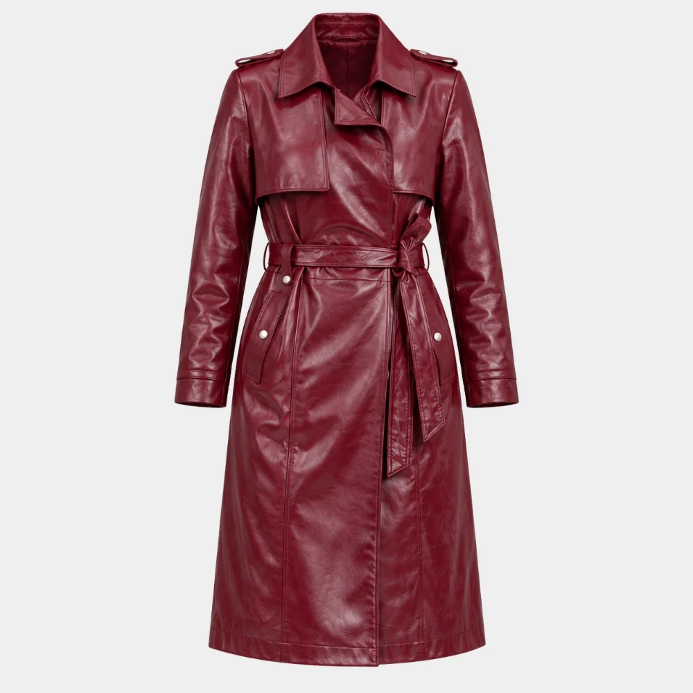 Women's Money Trap Demet Akbağ Maroon Leather Trench Coat Front View