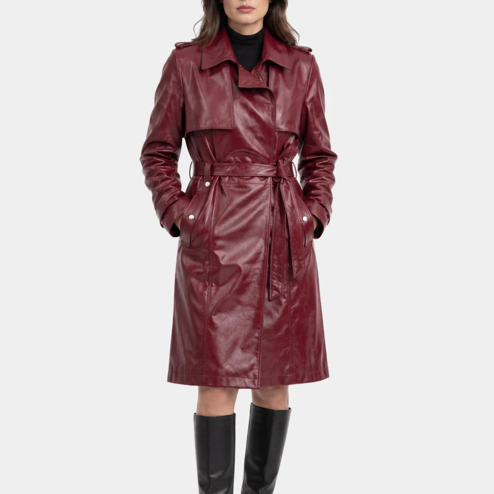 Money Trap Maroon Leather Trench Detail Close-up of Genuine Maroon Leather Texture, Buttons, and Lapel Collar