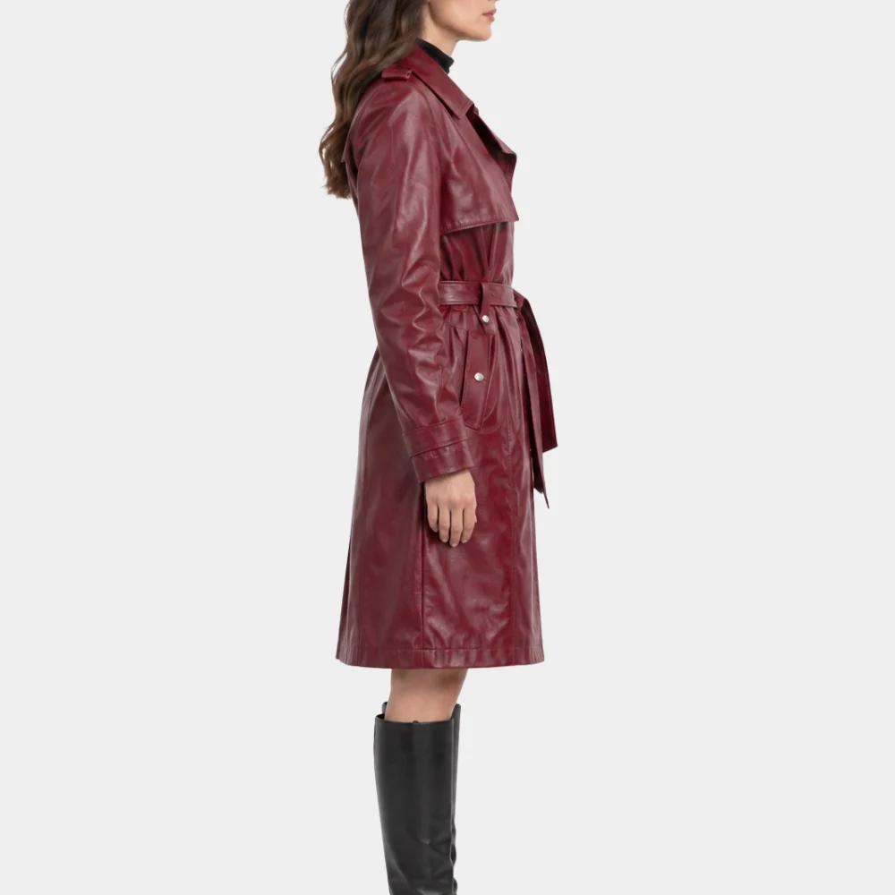 Money Trap Maroon Leather Trench Lifestyle Worn Model wearing Women's Maroon Leather Trench Coat outdoors in winter