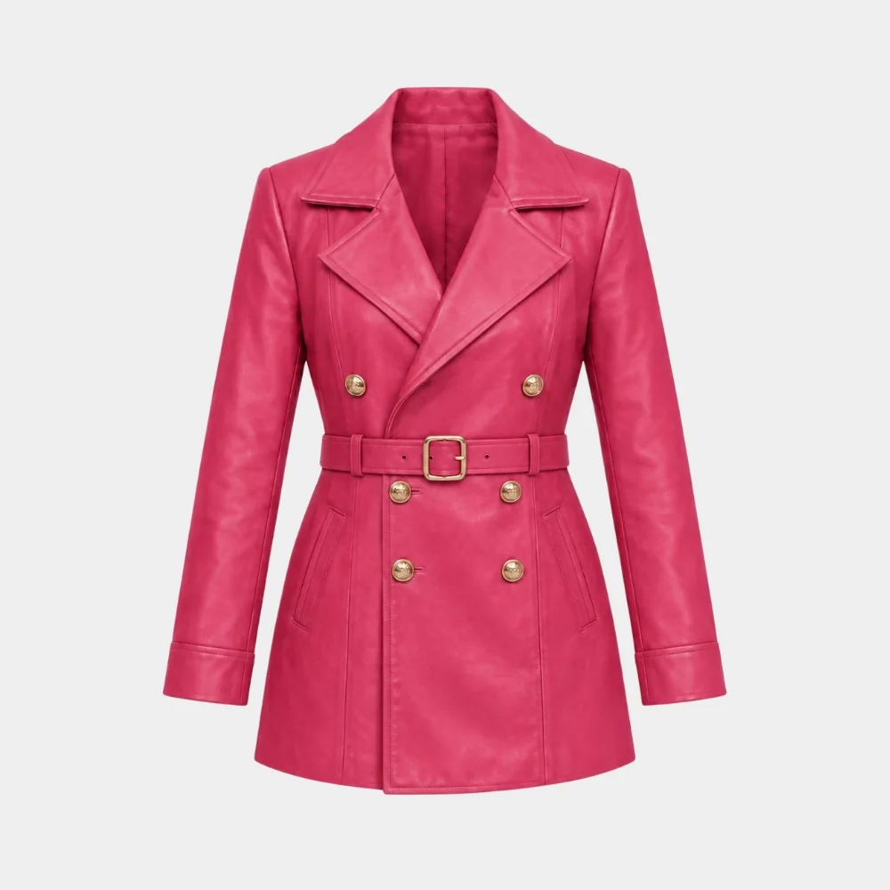 Women's Money Trap Ezgi Mola Pink Leather Jacket Front View