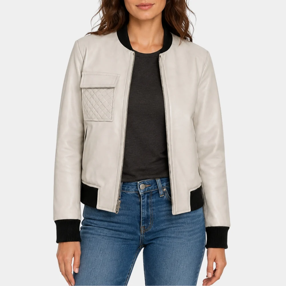 Women's Quilted Pocket White Leather Jacket Front View