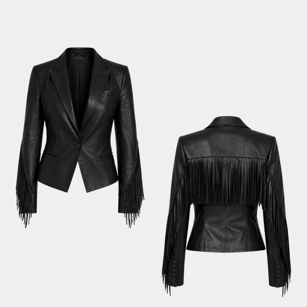 Black Leather Blazer Detail Close-up of Genuine Black Leather Texture, Lapel Collar, and Buttons