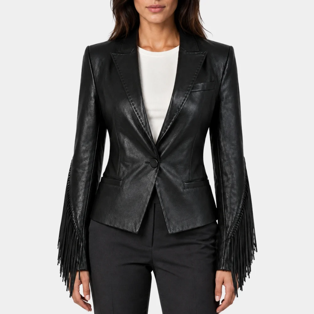 Men's Western Black Leather Blazer Front View