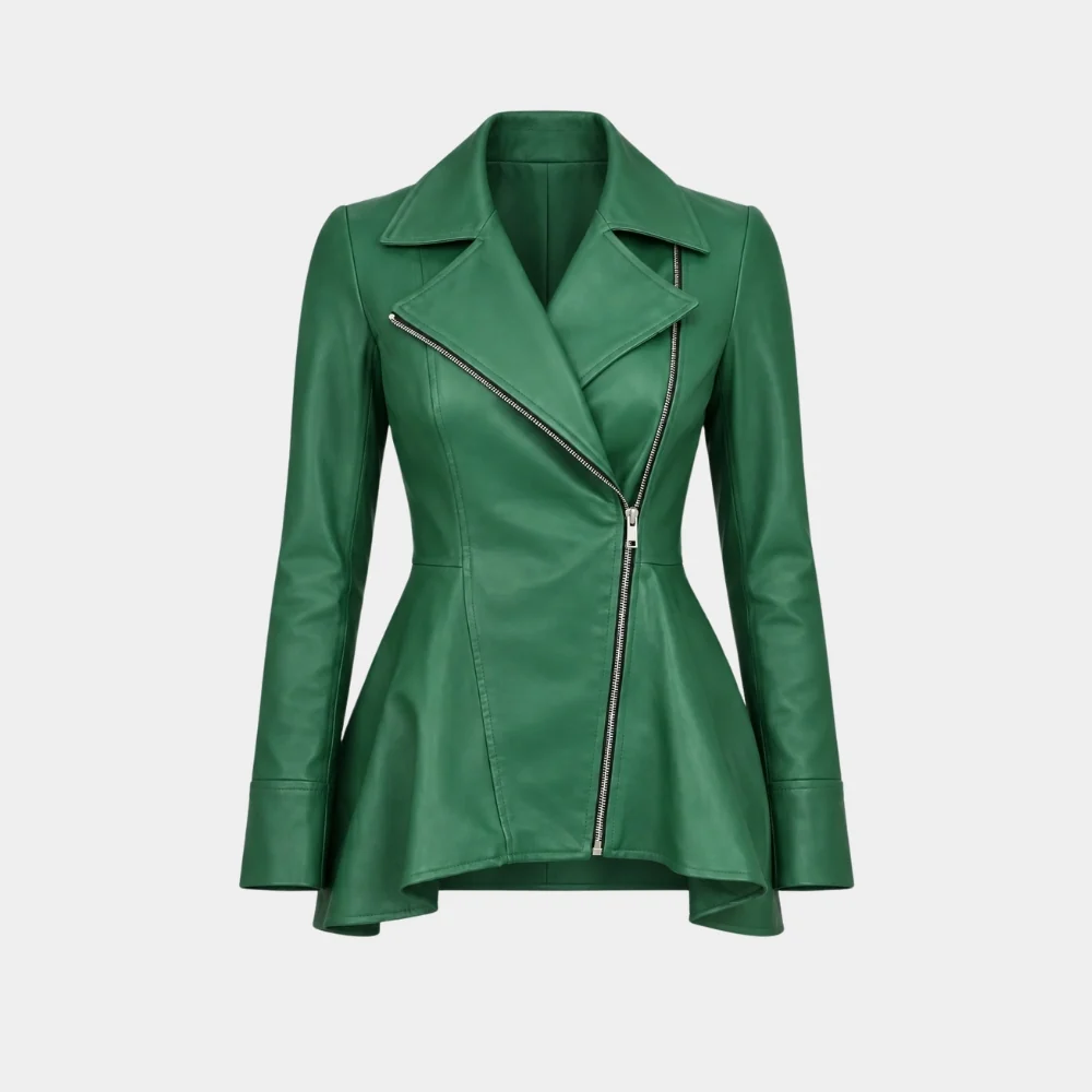 Women's Peplum Asymmetrical Green Leather Jacket Front View