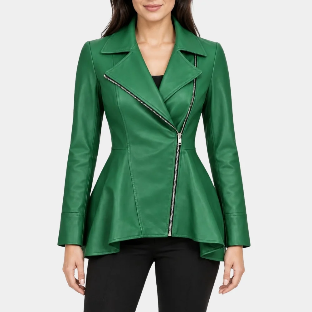 Green Peplum Leather Jacket Lifestyle Worn Model wearing Women's Green Peplum Leather Jacket in urban setting