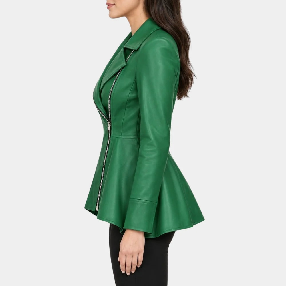 Green Peplum Leather Jacket Detail Close-up of Emerald Green Genuine Leather Texture, Asymmetric Zipper, and Collar