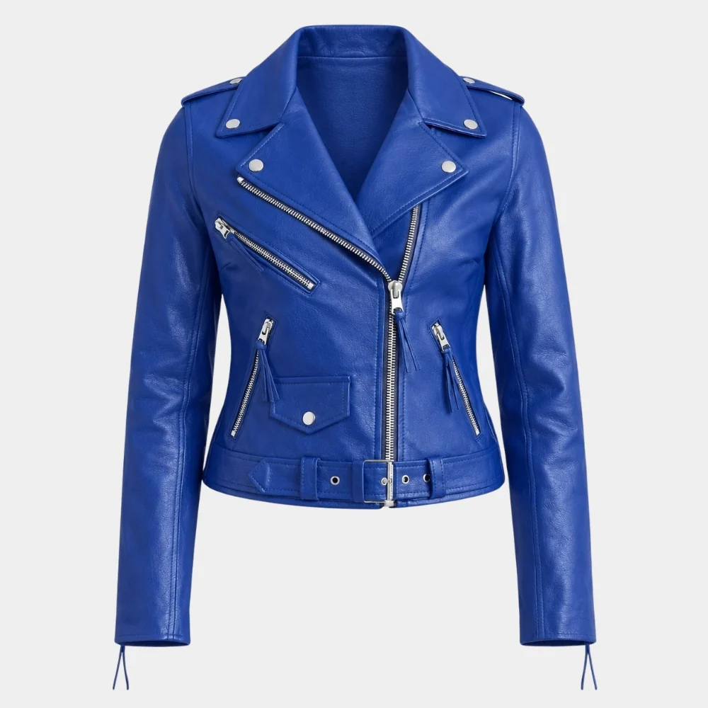 Men's Blue Brando Leather Biker Jacket Front View