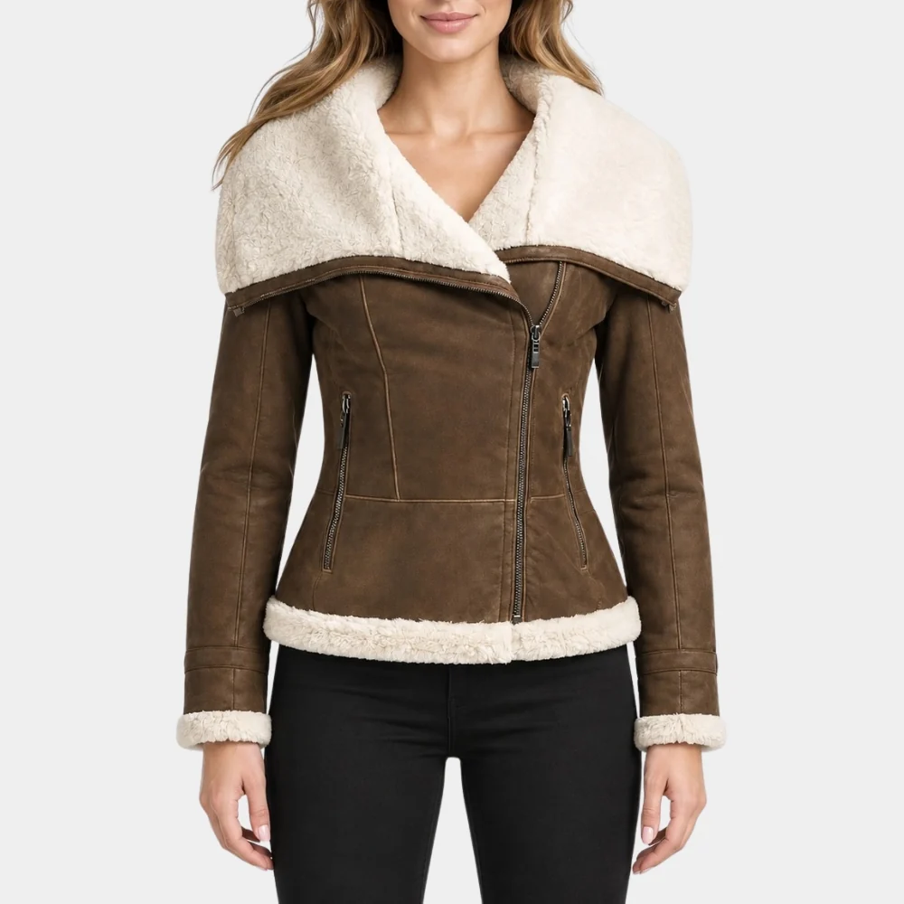 Women's Shearling Brown Leather Aviator Jacket Front View