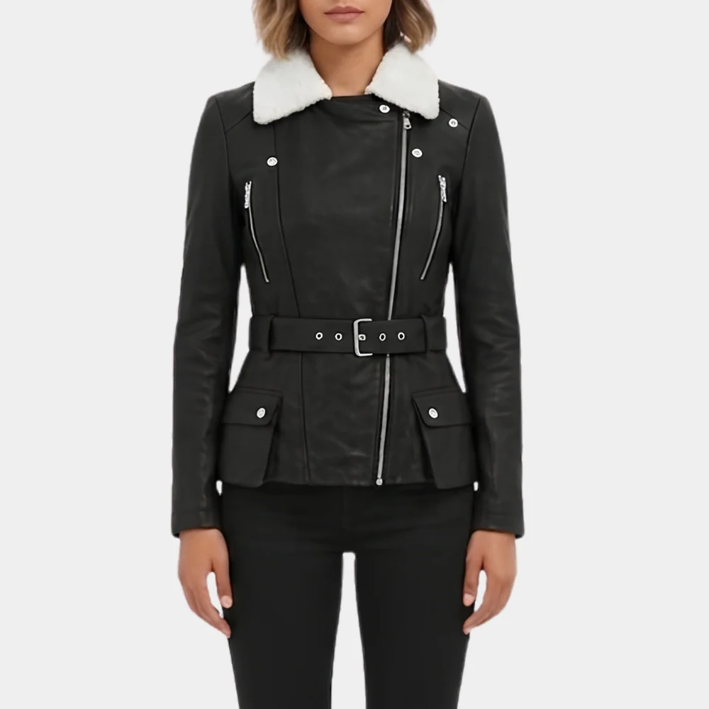 Women's Shearling Collar Black Leather Jacket Front View