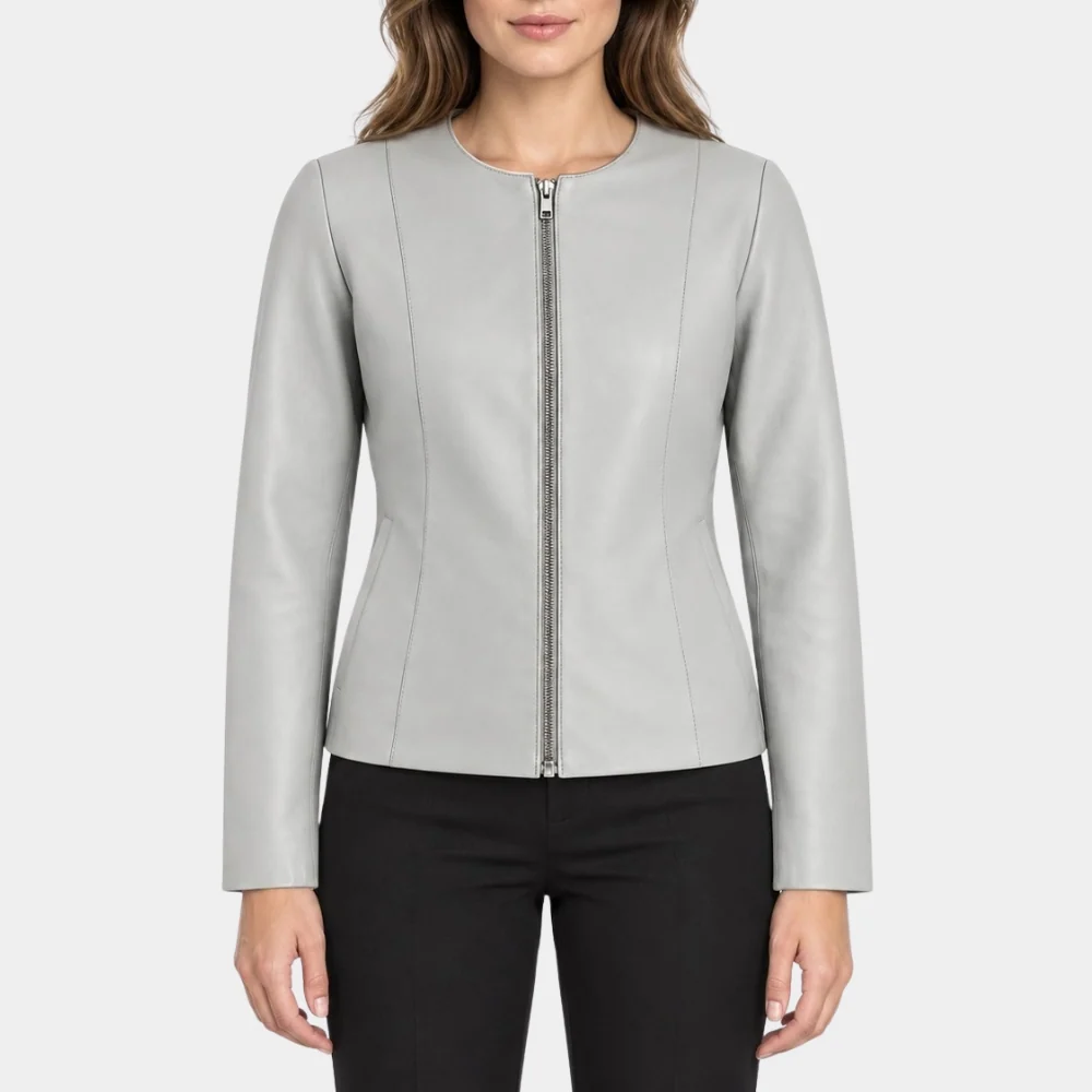 Women's Refined Grey Leather Jacket Front View